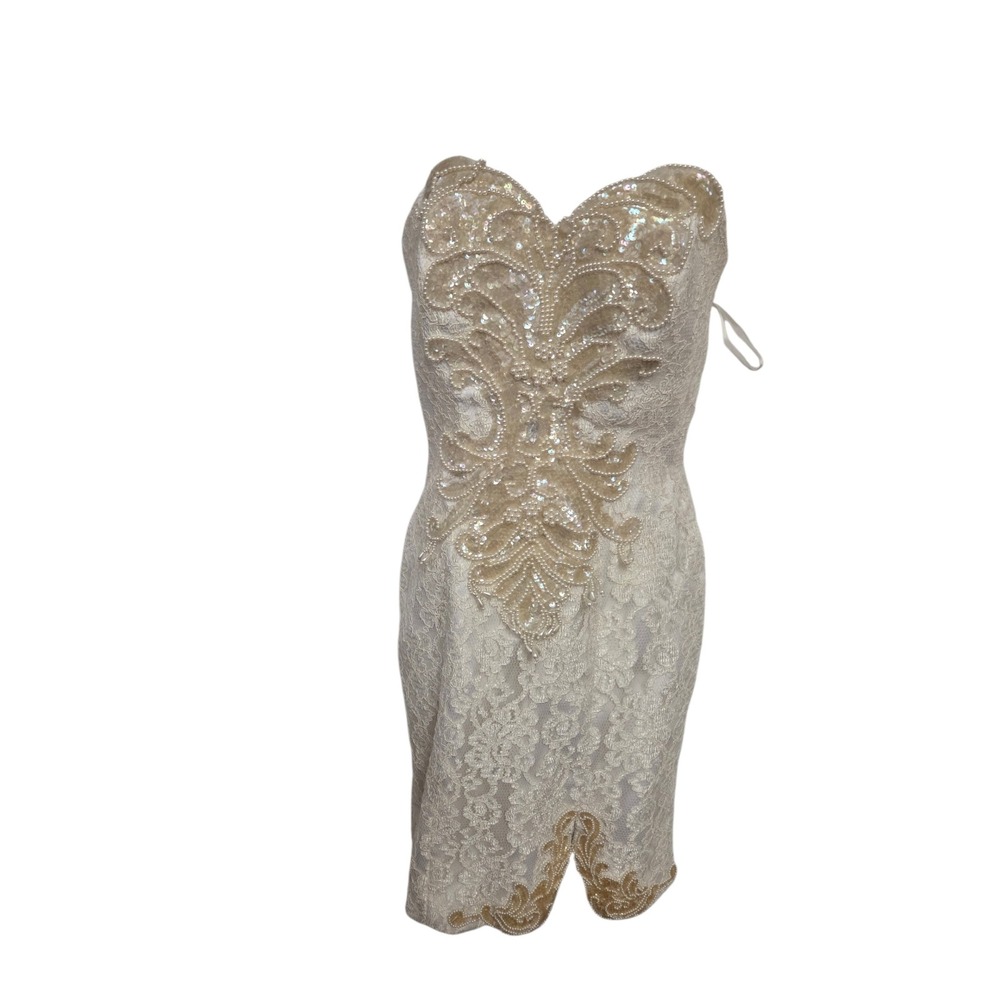 Karen Okada for David Howard Vintage Lace Pearl Sequin‎ Strapless Dress Ivory 4